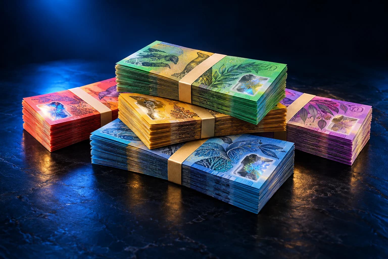 AI illustration of cash prize stacks with blue studio lighting